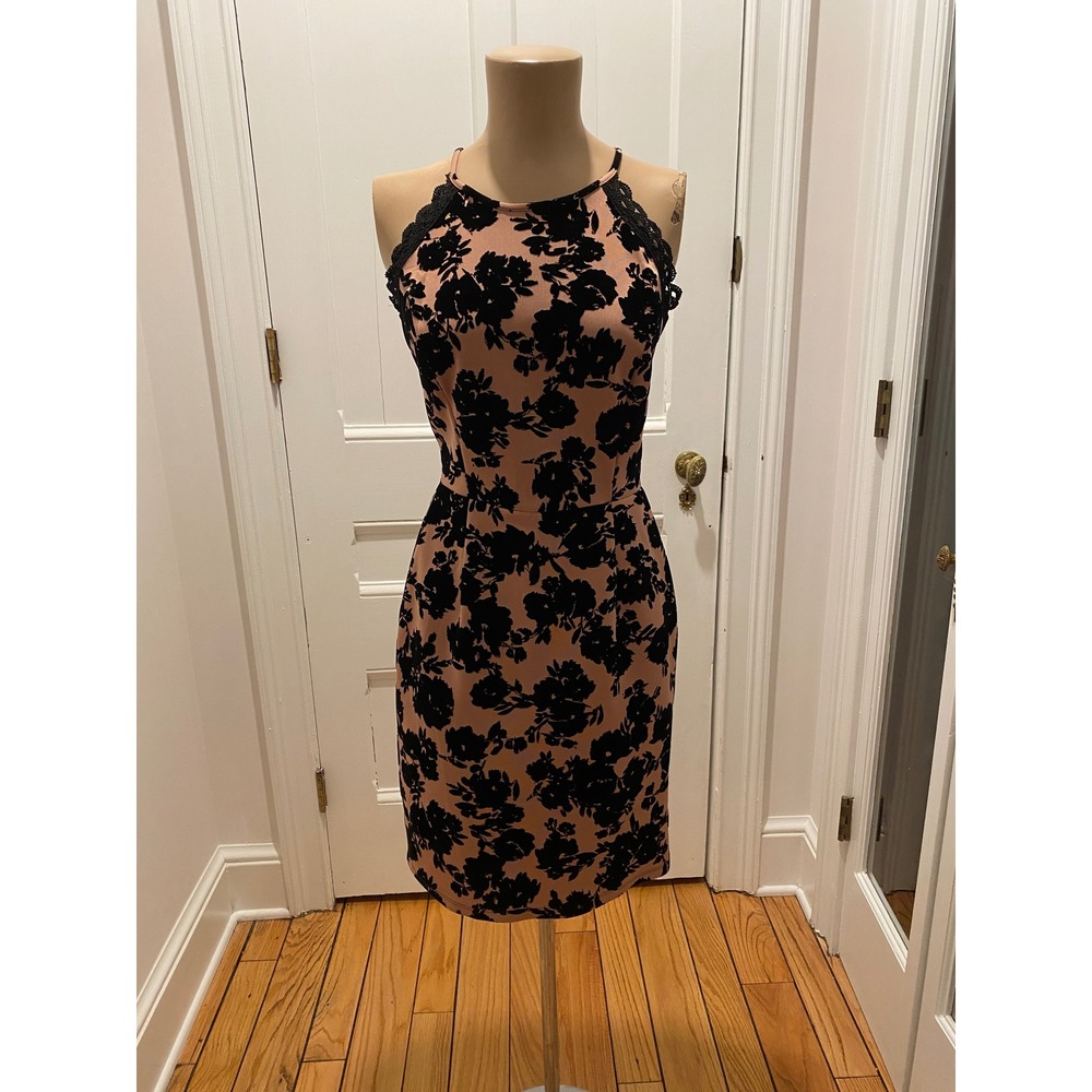 Sweet Storm Black Floral Halter Neck‎ Sheath Dress Women's Size M Lace Trim